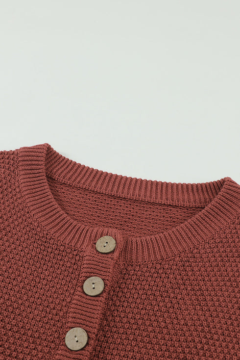 Henley Button Placket Side Slit Drop Shoulder Pullover Knit Sweater